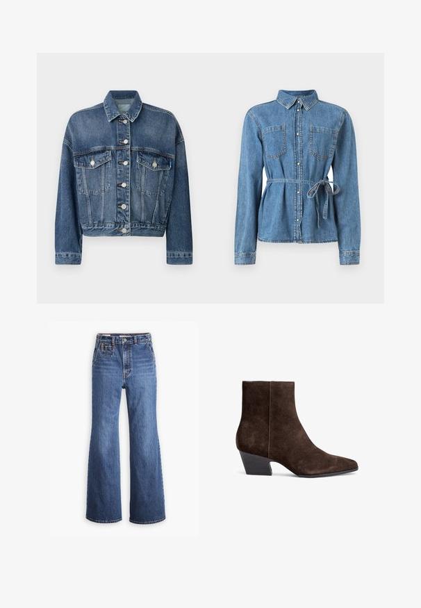 Denimjakke med klassisk snit, lyseblå farve, to brystlommer, sølvknapper og kontrasterende syninger i sømmene.; Lysblå denimskjorte med lange ærmer, knaplukning foran, to brystlommer og en bæltestrop i taljen for justerbar pasform.; Højtaljede blå denimjeans med bred ben-design, som har en frontlomme, messingknaplukning og kontrastsyninger.; Brune ruskind ankelstøvler med spidse tæer, mellemhøj blokhælt og minimal syning for et elegant udseende.