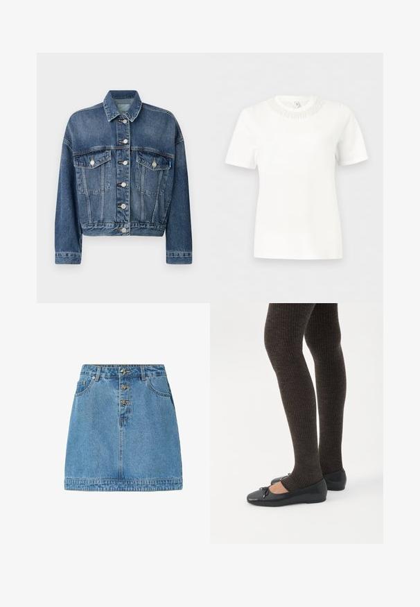 Denimjakke med klassisk snit, lyseblå farve, to brystlommer, sølvknapper og kontrasterende syninger i sømmene.; Hvid kortærmet top med rund halsudskæring og en kant med teksturerede perledetaljer.; Lysblå denimnederdel med en lige pasform, frontknaplukning med metalliske detaljer, to sidelommer og en syet kant.; Ben iført mørke ribbede leggings kombineret med sorte balletsko med små sløjfedetaljer på hvid baggrund.