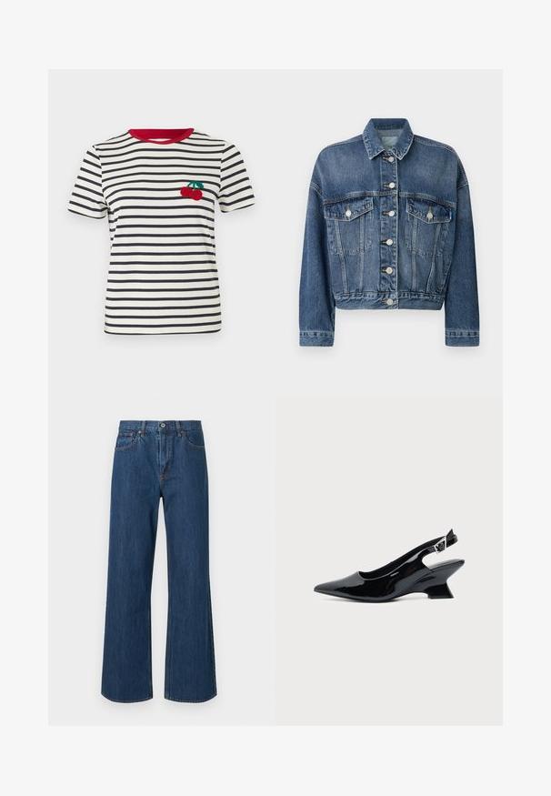 Veste en denim avec une coupe classique, couleur bleu clair, deux poches poitrine, boutons argentés et couture contrastante sur les coutures.; T-shirt rayé en crème et bleu marine, avec un col rouge. Présente un design de cerise brodé sur la zone de la poitrine gauche. Manches courtes.; Jeans en denim à jambes larges en bleu moyen, avec une taille haute, des poches avant et des détails de couture subtils. Texture lisse avec des ourlets arrondis.; Chaussure slingback en cuir verni noir avec bout pointu et petit talon bloc incliné sur fond clair uni.