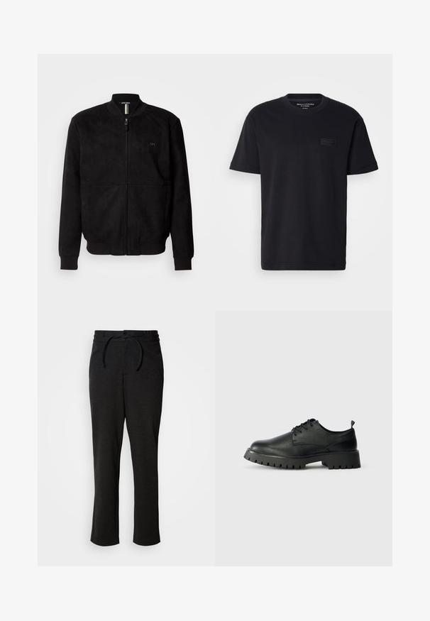 Chaqueta bomber de ante negra con cierre de cremallera completo, puños y dobladillo acanalados, y un detalle de logo minimalista en el pecho.; Camiseta de algodón negra de manga corta con cuello redondo y un parche de logotipo negro texturizado en el pecho. Tejido suave y ligero.; Pantalones de punto negros con cintura elástica y cordón, corte recto y bolsillos laterales. Textura suave con un acabado liso.; Zapatos de cuero negro con cordones, punta redondeada, superficie texturizada y suela de goma gruesa con profundos surcos para mejor agarre.
