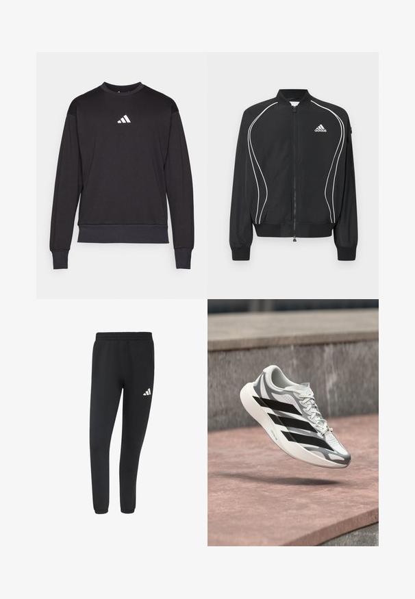 Sort Adidas lynlåsjakke med hvide buede striber, ribbet krave og manchetter samt Adidas-logo på venstre bryst.; Sort sweatshirt med lange ærmer, ribbede manchetter og kant; har et hvidt Adidas-logo på brystet, fremstillet af blødt, tekstureret stof.; Sorte atletik joggingbukser med elastisk talje og manchetter, med en lille hvid Adidas-logo på højre lår.; Hvid og grå løbesko med sorte striber, svævende over en lyserødlig betonoverflade nær en grå stenmur.