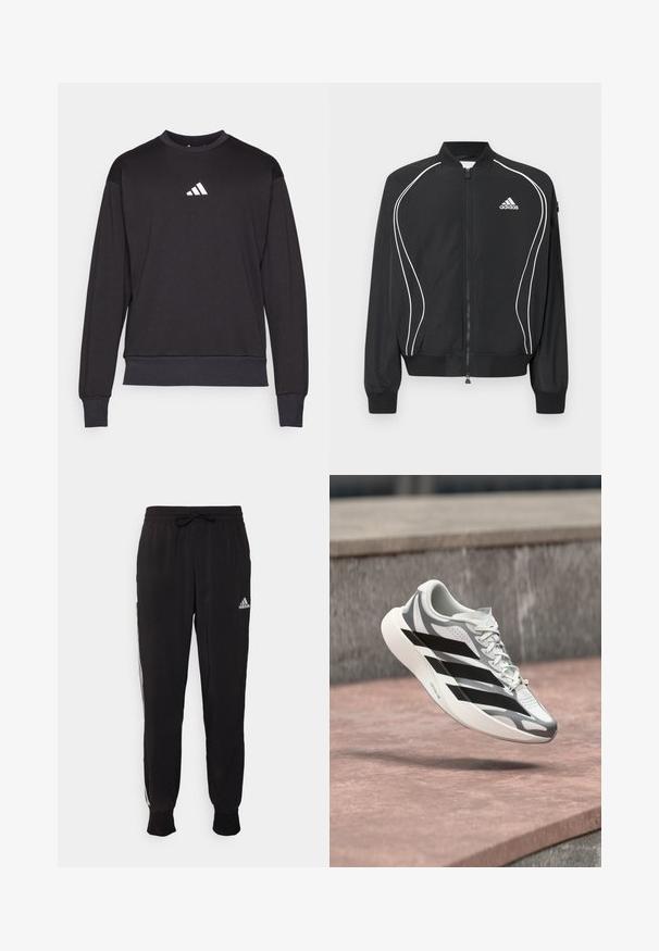 Čierna Adidas bunda na zips s bielym zakriveným lemovaním, rebrovaným golierom a manžetami a logom Adidas na ľavej strane hrudníka.; Čierna mikina s dlhými rukávmi, rebrovanými manžetami a lemom; na hrudi sa nachádza biele logo Adidas, vyrobená z mäkkej, textúrovanej tkaniny.; Čierne športové nohavice z mäkkej tkaniny, s pásom na šnúrku a bielymi bočnými pruhmi. Elastické manžety pri členkoch.; Biela a sivá bežecká obuv s čiernymi pruhmi, vznášajúca sa nad ružovkastým betónovým povrchom blízko sivej kamennej steny.