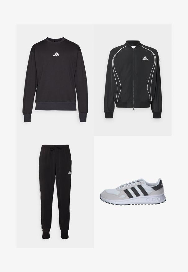 Čierna Adidas bunda na zips s bielym zakriveným lemovaním, rebrovaným golierom a manžetami a logom Adidas na ľavej strane hrudníka.; Čierna mikina s dlhými rukávmi, rebrovanými manžetami a lemom; na hrudi sa nachádza biele logo Adidas, vyrobená z mäkkej, textúrovanej tkaniny.; Čierne športové nohavice z mäkkej tkaniny, s pásom na šnúrku a bielymi bočnými pruhmi. Elastické manžety pri členkoch.; Sivé a biele športové tenisky s priedušným vrchom, zamšovými akcentmi, tromi čiernymi pásmi a textúrovanou gumovou podrážkou s kruhovými výrezmi.