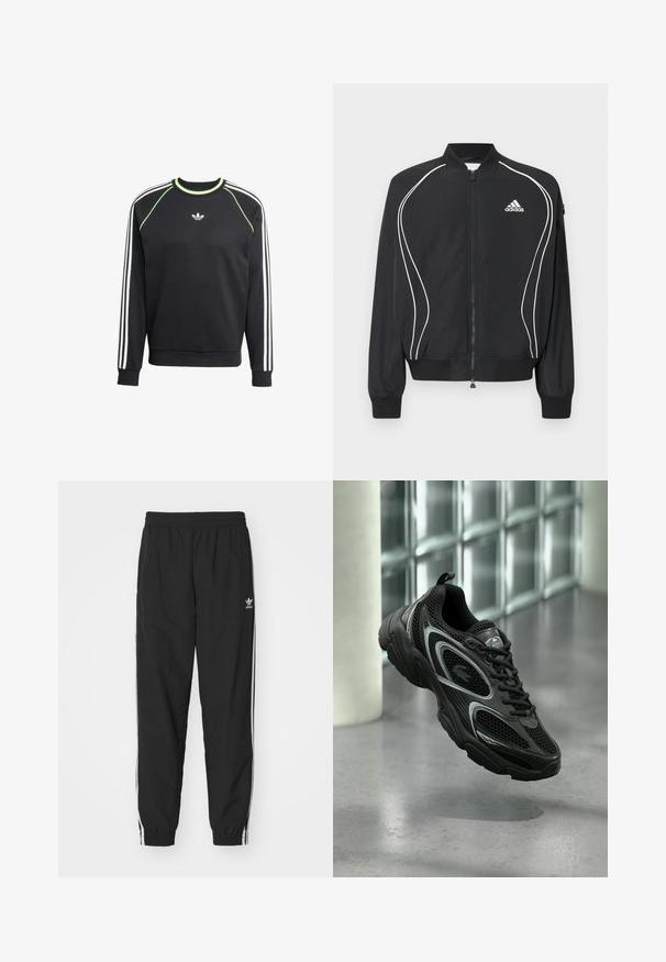 Čierna Adidas bunda na zips s bielym zakriveným lemovaním, rebrovaným golierom a manžetami a logom Adidas na ľavej strane hrudníka.; Čierna mikina s bielym trojpruhovým dizajnom na rukávoch a limetkovými akcentmi. Má okrúhly výstrih a malú nášivku na hrudi.; Čierne športové nohavice s elastickým pásom a manžetami, s bielymi bočnými pruhmi a malým bielym logom Adidas na ľavom boku.; Čierna atletická obuv z textilnej a syntetickej vrstvy, so štruktúrovanou podrážkou, elegantným dizajnom, striebornými doplnkami a šnurovaním vpredu.