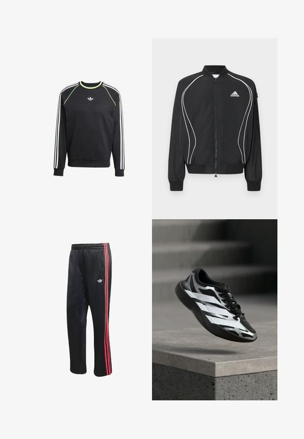 Čierna Adidas bunda na zips s bielym zakriveným lemovaním, rebrovaným golierom a manžetami a logom Adidas na ľavej strane hrudníka.; Čierna mikina s bielym trojpruhovým dizajnom na rukávoch a limetkovými akcentmi. Má okrúhly výstrih a malú nášivku na hrudi.; Čierne športové nohavice s vertikálnou rebrovanou textúrou, s červenými a bielymi bočnými pruhmi a malým bielym logom na ľavej nohe.; Čierno-strieborná športová obuv s bielymi pásikmi vo vzduchu nad betónovým okrajom, schodiskové stupne sú v pozadí rozmazané.