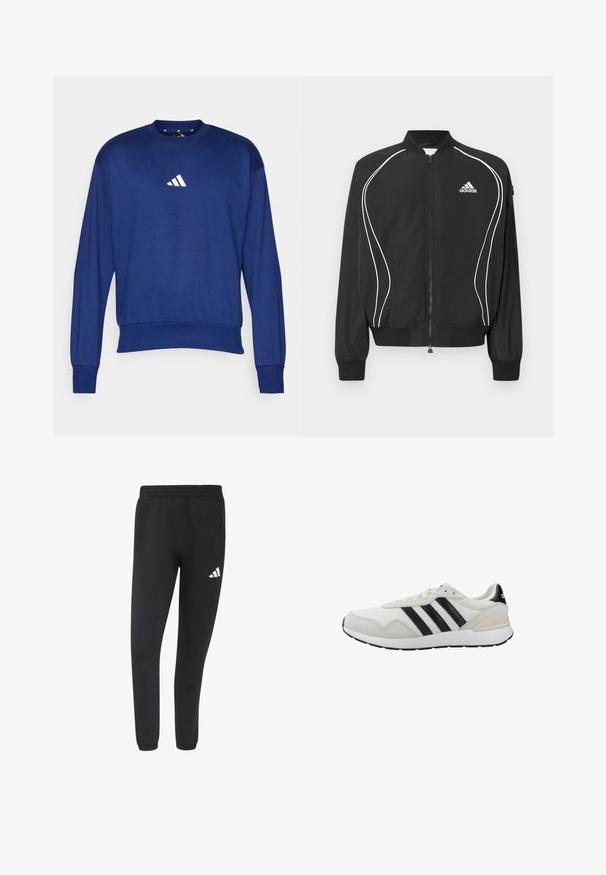 Zwarte Adidas-jas met ritssluiting, witte gebogen bies, geribbelde kraag en manchetten, en het Adidas-logo op de linkerborst.; Blauwe sweatshirt met lange mouwen van zachte stof. Heeft een ronde hals en een wit Adidas-logo op de borst. Ribbeluitsneden aan de mouwen en onderkant.; Zwarte atletische joggerbroek met elastische tailleband en boorden, met een klein wit Adidas-logo op de rechterdij.; Witte sportschoenen met zwarte strepen. Gemaakt van mesh en suède, voorzien van een rubberen zool en een gevoerde kraag voor comfort. Klassiek ontwerp.
