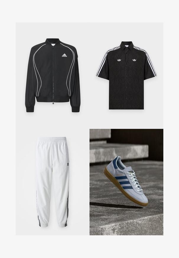 Chaqueta negra con cremallera de Adidas, con ribetes curvos blancos, cuello y puños acanalados, y logo de Adidas en el pecho izquierdo.; Camisa negra de manga corta con botones y un sutil patrón de llamas, logotipos blancos de trébol de Adidas en el pecho y tres franjas blancas en las mangas.; Pantalones deportivos blancos con franjas laterales negras, banda elástica en la cintura y puños; presenta el logo de Adidas en el muslo izquierdo. Textura de tela lisa.; Zapatilla Adidas Spezial azul claro con rayas azul marino y suela de goma, mostrada en el aire sobre escalones de hormigón en un entorno exterior neutral.