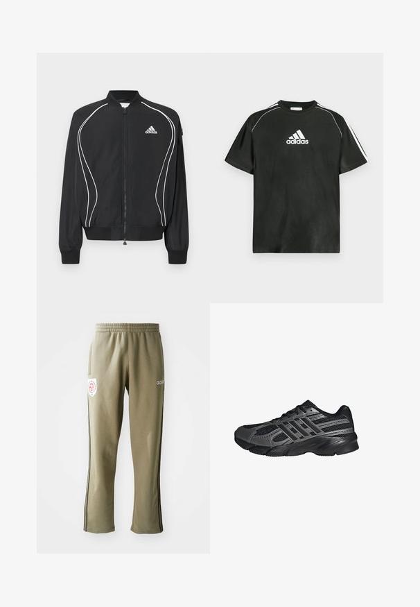 Chaqueta negra con cremallera de Adidas, con ribetes curvos blancos, cuello y puños acanalados, y logo de Adidas en el pecho izquierdo.; Camiseta negra de manga corta con logo blanco de Adidas en el pecho y rayas blancas en los hombros. Fabricada con tela suave, corte holgado.; Pantalones deportivos de color verde oliva con cintura elástica, bolsillos laterales, rayas negras a los lados y un parche de logo en el muslo.; Zapatillas deportivas negras hechas de malla y materiales sintéticos, que presentan una superficie texturizada, múltiples rayas grises y un collar acolchado.