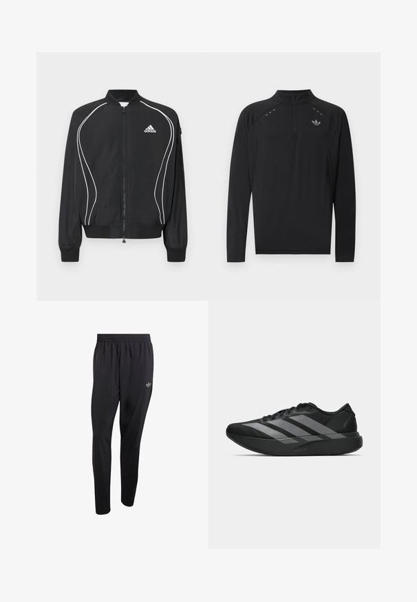 Veste zippée Adidas noire avec des passepoils blancs incurvés, col et poignets côtelés, et logo Adidas sur le côté gauche de la poitrine.; Haut de sport noir à manches longues avec zip quart, col haut, logo adidas réfléchissant sur la poitrine et petits détails de couture réfléchissants aux épaules.; Pantalon de sport noir en tissu léger, doté d'une taille élastique et d'un petit logo embossé en haut de la jambe gauche.; Chaussures de sport noires au design léger, présentant trois rayures grises marquées, une texture lisse et une semelle profilée.