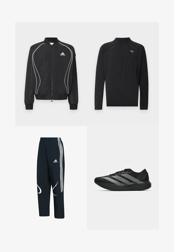 Μαύρο φούτερ Adidas με φερμουάρ, λευκές καμπυλωτές ρίγες, ριμπ στο κολάρο και τις μανσέτες, και λογότυπο Adidas στο αριστερό στήθος.; Μαύρο αθλητικό τοπ με μακριά μανίκια και φερμουάρ 1/4, ψηλό γιακά, ανακλαστικό λογότυπο adidas στο στήθος και μικρές ανακλαστικές ραφές στους ώμους.; Μαύρο παντελόνι σπορ με λευκές ρίγες και λογότυπο, διαθέτοντας άνετη εφαρμογή, ελαστική μέση και καμπυλωτά λευκά σχέδια στα πλάγια.; Μαύρα αθλητικά παπούτσια με ελαφρύ σχεδιασμό, που διαθέτουν τρεις έντονες γκρίζες ρίγες, λεία υφή και καμπυλωτή σόλα.