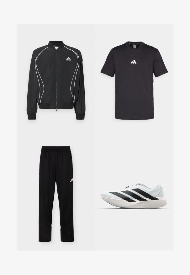Jachetă neagră Adidas cu fermoar, cu margini curbate albe, guler și manșete din bumbac reiat, și logo-ul Adidas pe partea stângă a pieptului.; Tricou din bumbac negru cu mâneci scurte, având un logo alb Adidas pe piept. Design clasic cu guler rotund.; Pantaloni sport negri cu talie elastică și logo alb Adidas pe coapsa dreaptă, pe un fundal simplu.; Pantof alb de alergare cu trei dungi negre mari pe lateral și o talpă groasă și curbată etichetată Lightstrike Pro.