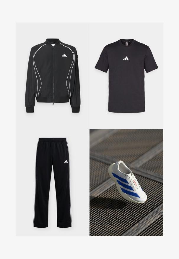 Μαύρο φούτερ Adidas με φερμουάρ, λευκές καμπυλωτές ρίγες, ριμπ στο κολάρο και τις μανσέτες, και λογότυπο Adidas στο αριστερό στήθος.; Μαύρη βαμβακερή μπλούζα με κοντά μανίκια, που διαθέτει το λευκό λογότυπο της Adidas στο στήθος. Κλασικός σχεδιασμός με στρογγυλή λαιμόκοψη.; Μαύρη φόρμα Adidas με λευκές πλευρικές ρίγες και λογότυπο στο πάνω αριστερό μηρό, ελαστική μέση, ίσια εφαρμογή στο πόδι.; Λευκό αθλητικό παπούτσι με μπλε ρίγες, ελαφρύ σχέδιο, πλεκτό πάνω μέρος, κούμπωμα με αντλία και υφασμάτινη σόλα, αιωρούμενο πάνω από μια επιφάνεια πλέγματος.