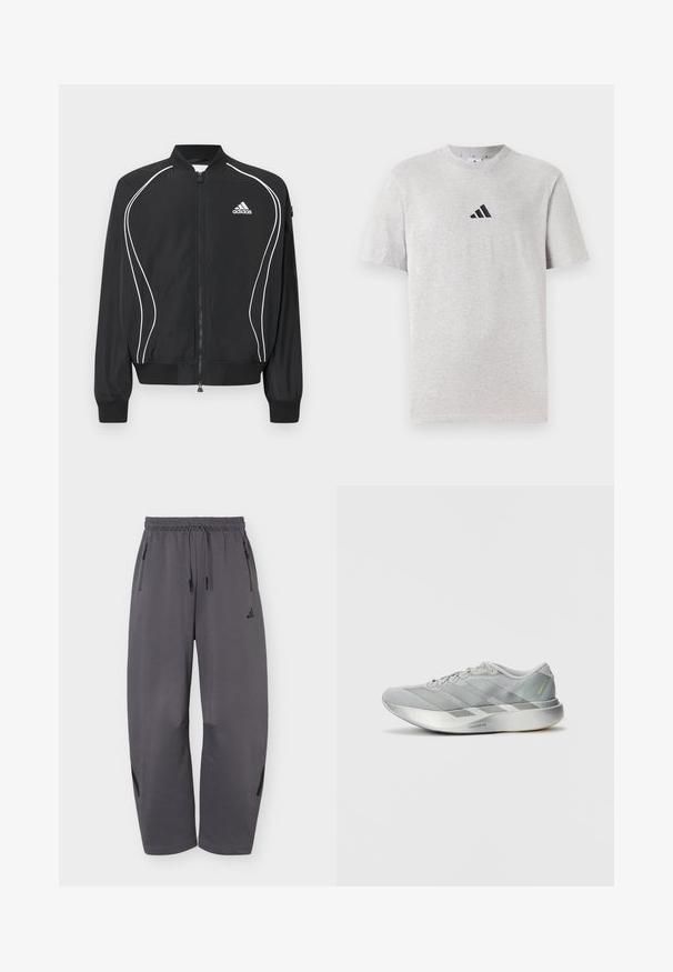 Zwarte Adidas-jas met ritssluiting, witte gebogen bies, geribbelde kraag en manchetten, en het Adidas-logo op de linkerborst.; Grijze katoenen t-shirt met korte mouwen, ronde hals, voorzien van een klein zwart logo met drie strepen op de bovenste linkerborst.; Donkergrijze atletische broek met wijde pijpen, elastische tailleband, trekkoorden, ritssluitingen aan de zijkanten en een subtiel merkembleem op de linker dij.; Lichte grijze sport schoen met een slank ontwerp, voorzien van een gestructureerde bovenkant, drie diagonale strepen en een reflecterende zilveren zool.