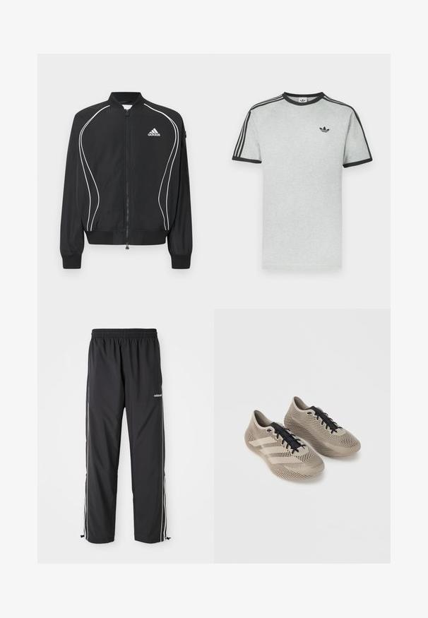 Čierna Adidas bunda na zips s bielym zakriveným lemovaním, rebrovaným golierom a manžetami a logom Adidas na ľavej strane hrudníka.; Sivé tričko s čiernymi detailmi, s okrúhlym výstrihom a krátkymi rukávmi. Tri čierne pruhy na pleciach, malé logo na hrudi.; Čierne športové nohavice vyrobené z ľahkej látky, s bielymi bočnými pásmi, elastickým pásom a nastaviteľnými členkovými manžetami.; Pár béžových športových topánok s čiernymi šnúrkami, s textúrovaným pruhovaným vzorom a tromi bočnými pruhmi na jednoliatom pozadí.
