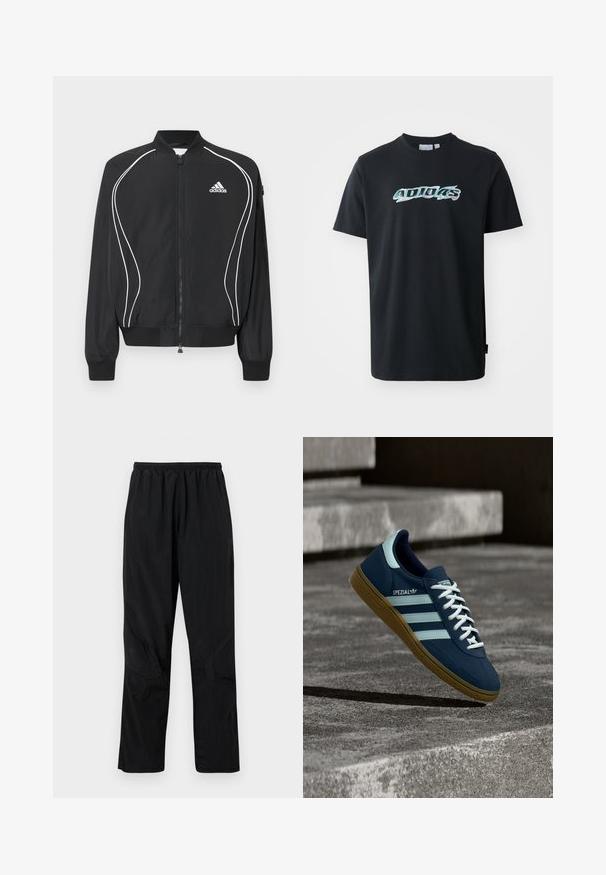 Chaqueta negra con cremallera de Adidas, con ribetes curvos blancos, cuello y puños acanalados, y logo de Adidas en el pecho izquierdo.; Camiseta de algodón negra con mangas cortas, que presenta un logo "ADIDAS" brillante y multicolor en la parte frontal. Diseño clásico de cuello redondo.; Pantalones de nylon negros con una cinturilla elástica, que presentan un acabado ligero y texturizado y acentos en las costuras para un diseño moderno.; Zapatilla azul Adidas Spezial con rayas y cordones blancos, suela de goma, flotando sobre una superficie de hormigón rugosa y escaleras de fondo.