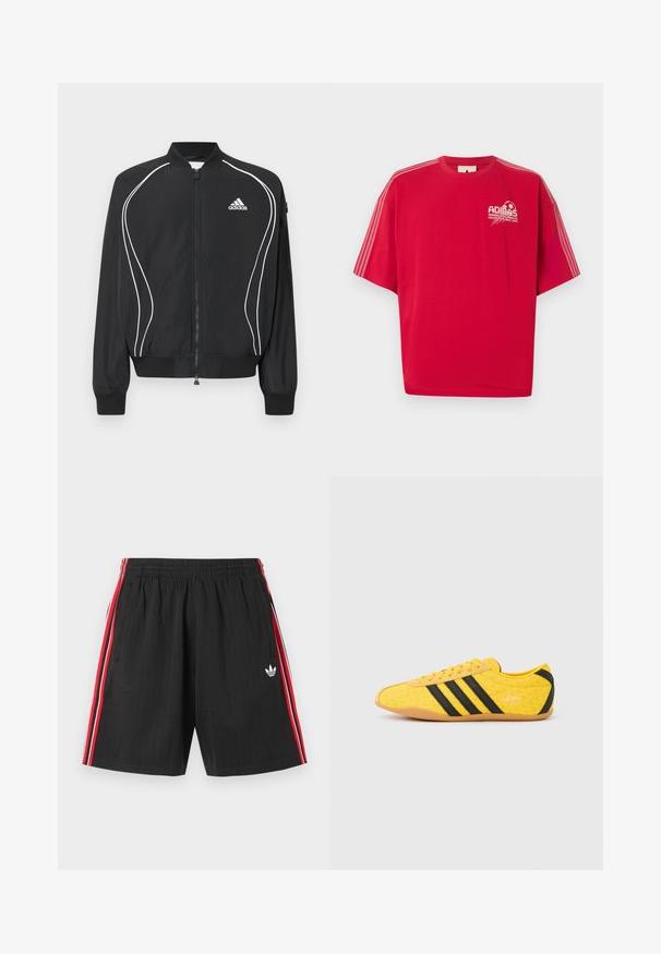 Jachetă neagră Adidas cu fermoar, cu margini curbate albe, guler și manșete din bumbac reiat, și logo-ul Adidas pe partea stângă a pieptului.; Tricou roșu Adidas cu mânecă scurtă, logo alb și grafică de fotbal pe pieptul stâng, cu trei dungi albe pe fiecare mânecă.; Pantaloni scurți atletici negri cu talie elastică, dungi laterale roșii și albe, două buzunare laterale și logo-ul trefoil alb Adidas pe piciorul stâng.; Pantof sport galben cu partea superioară texturată, având dungi și logo negre. Vârf rotunjit, talpă moale și model zig-zag pe material.
