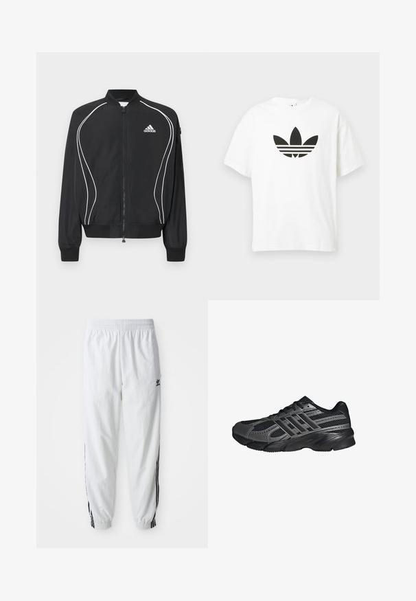 Zwarte Adidas-jas met ritssluiting, witte gebogen bies, geribbelde kraag en manchetten, en het Adidas-logo op de linkerborst.; Witte katoenen t-shirt met een groot zwart Adidas trefoil-logo en drie horizontale strepen eronder. Korte mouwen, ronde hals.; Witte sportbroek met zwarte zijstrepen, elastische tailleband en boorden; heeft het Adidas-logo op de linkerdij. Glad stoffen structuur.; Zwarte sportschoenen gemaakt van mesh en synthetische materialen, met een getextureerd oppervlak, meerdere grijze strepen en een gevoerde kraag.