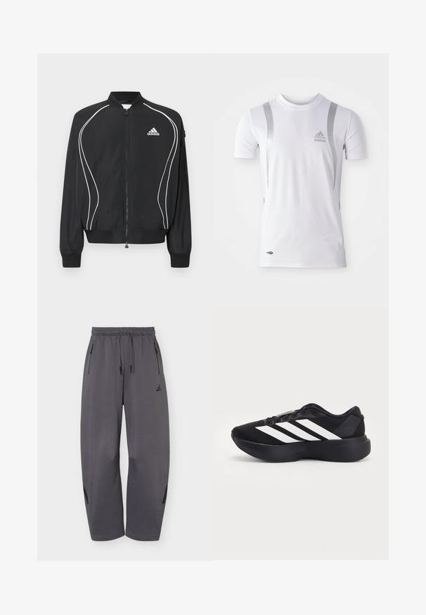 Veste zippée Adidas noire avec des passepoils blancs incurvés, col et poignets côtelés, et logo Adidas sur le côté gauche de la poitrine.; T-shirt de sport blanc à manches courtes avec des accents argentés, présentant un col rond et un logo Adidas sur la poitrine. Fabriqué en tissu évacuant l'humidité.; Pantalon de sport ample gris foncé avec taille élastique, cordons, poches latérales zippées et logo discret de la marque sur la cuisse gauche.; Chaussure de running noire avec une semelle épaisse et trois bandes diagonales blanches sur le côté, vue de l'extérieur.