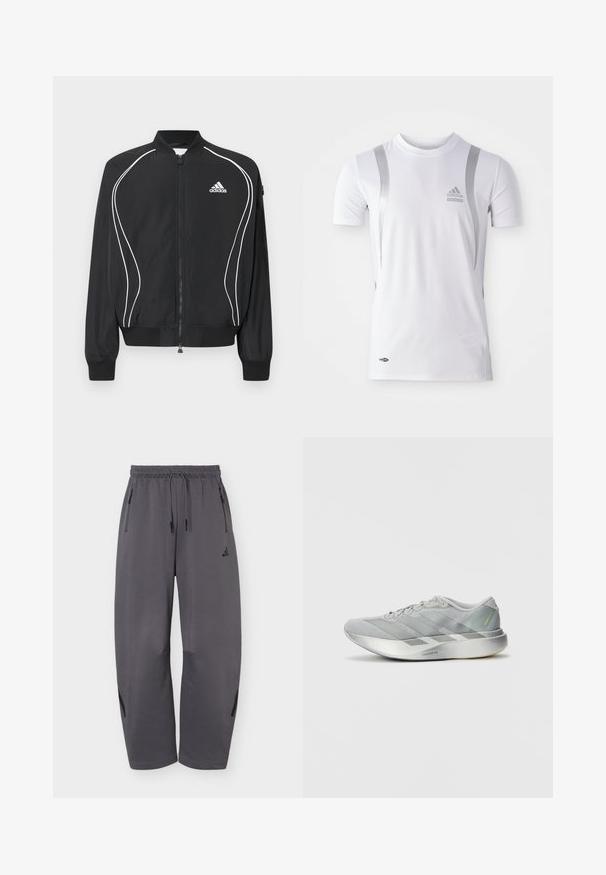 Chaqueta negra con cremallera de Adidas, con ribetes curvos blancos, cuello y puños acanalados, y logo de Adidas en el pecho izquierdo.; Camiseta atlética blanca de manga corta con detalles plateados, presenta un cuello redondo y un logo de Adidas en el pecho. Fabricada con tela que absorbe la humedad.; Pantalones deportivos de pierna ancha en gris oscuro con cintura elástica, cordones, bolsillos laterales con cremallera y logo sutil de la marca en el muslo izquierdo.; Zapatilla deportiva ligera en color gris con un diseño elegante, que presenta una parte superior texturizada, tres rayas diagonales y una suela reflectante en color plateado.