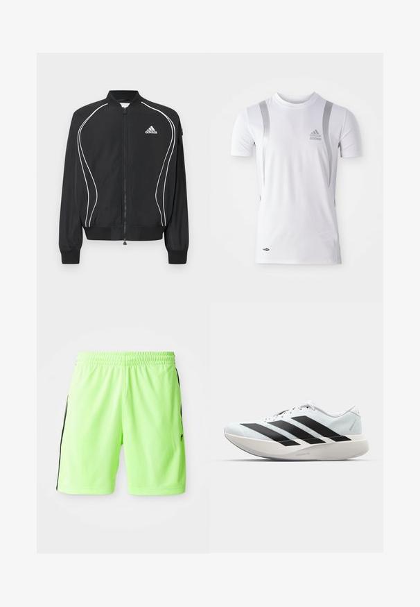 Black Adidas zip-up jacket with white curved piping, ribbed collar and cuffs, and Adidas logo on the left chest.; White short-sleeve athletic shirt with silver accents, featuring a round neck and an Adidas logo on the chest. Made from moisture-wicking fabric.; Neon green athletic shorts with an elastic waistband, featuring black side stripes and lightweight, breathable fabric.; White running shoe with three large black stripes on the side and a thick curved sole labeled Lightstrike Pro.