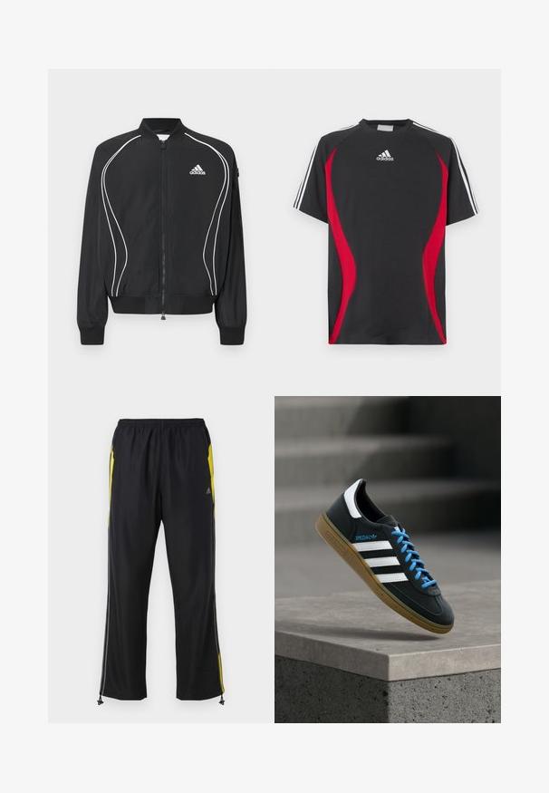 Veste zippée Adidas noire avec des passepoils blancs incurvés, col et poignets côtelés, et logo Adidas sur le côté gauche de la poitrine.; T-shirt noir à manches courtes avec accents rouges sur les côtés, logo Adidas blanc sur la poitrine et bandes blanches sur les épaules. Confectionné dans un tissu lisse.; Pantalons de sport noirs avec des accents jaunes sur les côtés, taille élastique et poches latérales zippées. Fabriqués en tissu léger et lisse.; Baskets Adidas noires avec des rayures blanches, des lacets bleus et une semelle en gomme flottant au-dessus d'une marche en béton grise sous une lumière douce.