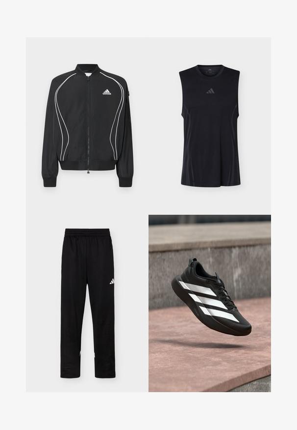 Μαύρο φούτερ Adidas με φερμουάρ, λευκές καμπυλωτές ρίγες, ριμπ στο κολάρο και τις μανσέτες, και λογότυπο Adidas στο αριστερό στήθος.; Μαύρο αθλητικό φανελάκι χωρίς μανίκια με διακριτικά πλευρικά πάνελ από δίχτυ και μικρό λογότυπο Adidas τοποθετημένο στο κέντρο κάτω από τον στρογγυλό λαιμόκοψη.; Μαύρο αθλητικό παντελόνι με ελαστική μέση και λευκό λογότυπο Adidas στο δεξί μπούτι σε απλό φόντο.; Μαύρο αθλητικό παπούτσι με λευκό σχέδιο τριών ραβδώσεων, μαύρα κορδόνια και παχιά σόλα, κρεμασμένο πάνω από μια πέτρινη επιφάνεια σε εξωτερικό χώρο.