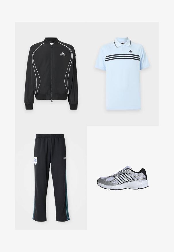 Čierna Adidas bunda na zips s bielym zakriveným lemovaním, rebrovaným golierom a manžetami a logom Adidas na ľavej strane hrudníka.; Svetlomodrá polokošeľa z textúrovanej látky s čiernymi akcentovými pruhmi a čiernym logom na hrudi. Má golierový výstrih.; Čierne polyesterové športové nohavice s elastickým pásom, s modro pruhovaným detailom po boku a logom na ľavom prednom boku.; Mriežkovaná športová obuv v bielej a striebornej farbe, s čiernymi detailmi, logom troch bielych pruhov, polstrovaným golierom a textúrovanou gumovou podrážkou.