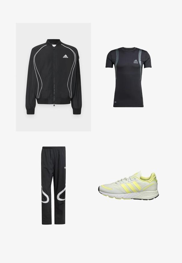 Čierna Adidas bunda na zips s bielym zakriveným lemovaním, rebrovaným golierom a manžetami a logom Adidas na ľavej strane hrudníka.; Čierne športové tričko s krátkym rukávom a šedými akcentmi, vyrobené z elastickej látky. Na ľavej hrudi sa nachádza logo Adidas a branding Techfit.; Čierne športové nohavice s elastickým pásom, s veľkými bielymi zakrivenými akcentmi po stranách a malým logom na hornej strane stehna.; Biele športové topánky s žltými akcentami, s hladkým vrchom, textúrovanou podrážkou a tromi pruhmi na boku pre branding.