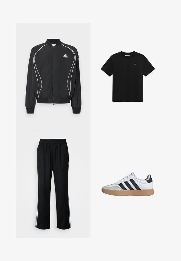 Zwarte Adidas-jas met ritssluiting, witte gebogen bies, geribbelde kraag en manchetten, en het Adidas-logo op de linkerborst.; Zwarte katoenen T-shirt met korte mouwen, een ronde hals en een klein wit logo op de linkerkant van de borst. Gladde textuur, normale pasvorm.; Zwarte sportbroeken met een elastische tailleband, voorzien van witte zijkanten en een klein logo. Het materiaal lijkt zacht en lichtgewicht te zijn.; Witte sneakers met zwarte strepen, gemaakt van leer en suède, met een zool van gumrubber en ronde veters. Minimalistisch ontwerp.