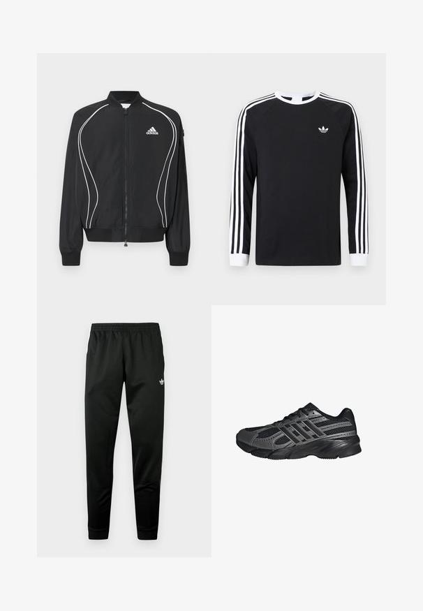 Black Adidas zip-up jacket with white curved piping, ribbed collar and cuffs, and Adidas logo on the left chest.; Black long-sleeve T-shirt with white three-stripe design on sleeves. Features a crew neckline and a small white logo on the chest.; Black athletic pants with an elastic waistband, tapered legs, and white logo accents on the front. Smooth, lightweight fabric.; Black athletic shoes made of mesh and synthetic materials, featuring a textured surface, multiple gray stripes, and a padded collar.