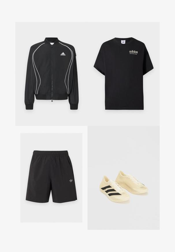 Μαύρο φούτερ Adidas με φερμουάρ, λευκές καμπυλωτές ρίγες, ριμπ στο κολάρο και τις μανσέτες, και λογότυπο Adidas στο αριστερό στήθος.; Μαύρο βαμβακερό μπλουζάκι με κοντά μανίκια, με στρογγυλή λαιμόκοψη και λευκό λογότυπο Adidas που γράφει "SPORT DESIGN STUDIO" σε χρυσό. Λείο υλικό.; Μαύροι αθλητικοί σορτς με ελαστική μέση, πλαϊνές τσέπες και μικρό λογότυπο Adidas στο αριστερό πόδι.; Αθλητικά παπούτσια ανοιχτού μπεζ χρώματος με μαύρες ρίγες, κλείσιμο με κορδόνια και υφασμενo κυματιστό σχέδιο σε λευκό φόντο.