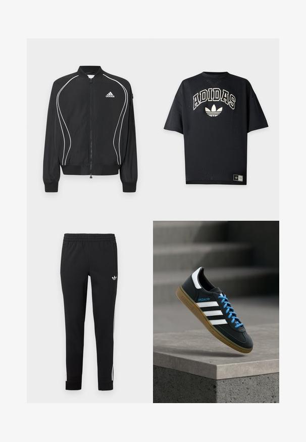 Melna Adidas džemperjakas ar baltu izliekumu apdari, ribota apkakle un aproces, kā arī Adidas logo kreisajā krūtīs.; Melna īsroku sporta krekls no Adidas ar perforētu audumu, baltu Adidas tekstu un trefoil logotipu priekšpusē, kā arī zīmola etiķete pie apakšmalas.; Melni sportiski svārki, izgatavoti no gludas auduma. Iezīmēti ar elastīgu jostasvīru, sānu kabatām un baltām svītrām gar kājām.; Melni Adidas sporta apavi ar baltām svītrām, zilām auklām un gumijas zolīti, kas peld virs pelēka betona pakāpiena maigā gaismā.