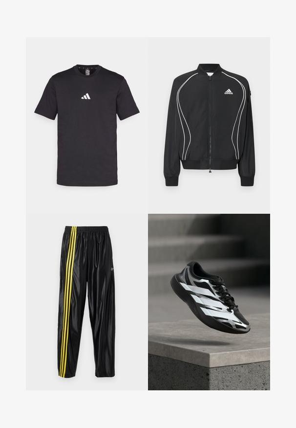 Čierna Adidas bunda na zips s bielym zakriveným lemovaním, rebrovaným golierom a manžetami a logom Adidas na ľavej strane hrudníka.; Čierne bavlnené tričko s krátkymi rukávmi, s bielym logom Adidas na hrudi. Klasický dizajn s okrúhlym výstrihom.; Čierne športové nohavice vyrobené z lesklého materiálu s elastickým pásom, s dvoma žltými pruhmi po stranách a malým logom.; Čierno-strieborná športová obuv s bielymi pásikmi vo vzduchu nad betónovým okrajom, schodiskové stupne sú v pozadí rozmazané.