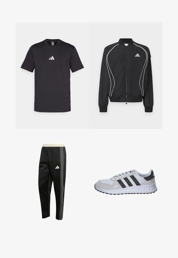 Schwarze Adidas Jacke mit Reißverschluss, weißer geschwungener Paspelierung, geripptem Kragen und Bündchen sowie Adidas-Logo auf der linken Brust.; Schwarzes Baumwoll-T-Shirt mit kurzen Ärmeln, das ein weißes Adidas-Logo auf der Brust zeigt. Klassisches Rundhalsdesign.; Schwarze Sporthose mit weißen dreifachen Streifen an der Seite, Reißverschlusstasche und einem weißen Adidas-Logo am Oberschenkel.; Graues und weißes Sportschuh-Modell mit einem Mesh-Obermaterial, Wildlederakzenten, drei schwarzen Streifen und einer strukturierten Gummisohle mit runden Aussparungen.