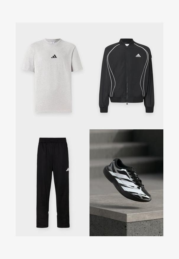 Čierna Adidas bunda na zips s bielym zakriveným lemovaním, rebrovaným golierom a manžetami a logom Adidas na ľavej strane hrudníka.; Šedé bavlnené tričko s krátkymi rukávmi a okrúhlym výstrihom, s malým čiernym logom so tromi pruhmi na hornej ľaviej strane hrude.; Čierne športové nohavice s elastickým pásom a bielym logom Adidas na pravom stehne na jednoduchom pozadí.; Čierno-strieborná športová obuv s bielymi pásikmi vo vzduchu nad betónovým okrajom, schodiskové stupne sú v pozadí rozmazané.