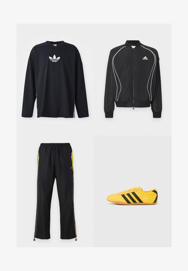 Schwarze Adidas Jacke mit Reißverschluss, weißer geschwungener Paspelierung, geripptem Kragen und Bündchen sowie Adidas-Logo auf der linken Brust.; Schwarzes Langarmtrikot aus Mesh-Material, mit V-Ausschnitt und weißem Adidas-Trefoil-Logo auf der Brust. Seitliche Schlitze am Saum.; Schwarze Sporthosen mit gelben Seitenakzenten, elastischem Bund und mit Reißverschlüssen versehenen Seitentaschen. Hergestellt aus leichtem, glattem Stoff.; Gelber Sportschuh mit strukturiertem Obermaterial, verziert mit schwarzen Streifen und Logo. Abgerundete Spitze, weiche Sohle und Zickzackmuster auf dem Material.