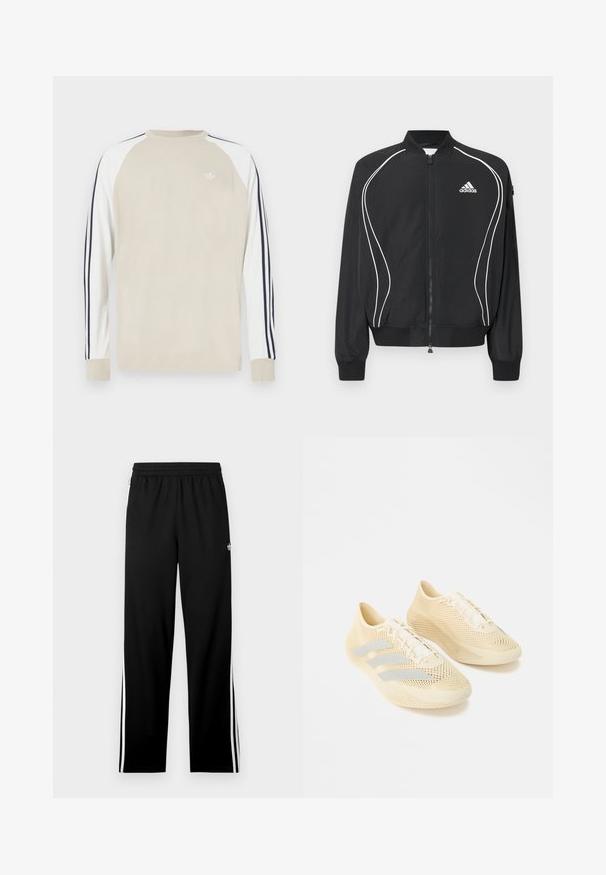 Μαύρο φούτερ Adidas με φερμουάρ, λευκές καμπυλωτές ρίγες, ριμπ στο κολάρο και τις μανσέτες, και λογότυπο Adidas στο αριστερό στήθος.; Μπεζ μακρυμάνικο πουκάμισο με λευκά raglan μανίκια και ναυτικομπλε ρίγες στα πλαϊνά. Διαθέτει μικρό λευκό λογότυπο στο στήθος.; Μαύρο αθλητικό παντελόνι από διχτυωτό ύφασμα, με ευθεία γραμμή, ελαστική μέση και λευκές πλευρικές ρίγες. Εμφανίζεται λογότυπο αθλητικού συλλόγου.; Μπεζ ελαφριά αθλητικά παπούτσια με υφή στην επιφάνεια, σχέδιο με κορδόνια και τρεις ανοιχτόγκρι λωρίδες στο πλάι.