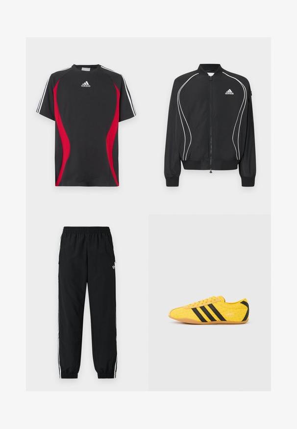 Μαύρο φούτερ Adidas με φερμουάρ, λευκές καμπυλωτές ρίγες, ριμπ στο κολάρο και τις μανσέτες, και λογότυπο Adidas στο αριστερό στήθος.; Μαύρη κοντομάνικη μπλούζα με κόκκινες πλάγιες λεπτομέρειες, λευκό λογότυπο Adidas στο στήθος και λευκές ρίγες στους ώμους. Κατασκευασμένη από λείο ύφασμα.; Μαύρο αθλητικό παντελόνι με ελαστική μέση και σούρες στα μανσέτα. Διαθέτει λευκές λωρίδες στο πλάι και ένα μικρό λογότυπο μπροστά αριστερά.; Κίτρινο αθλητικό παπούτσι με υφή στο επάνω μέρος, με μαύρες ρίγες και λογότυπο. Στρογγυλεμένη μύτη, μαλακή σόλα και ζιγκ-ζαγκ σχέδιο στο υλικό.