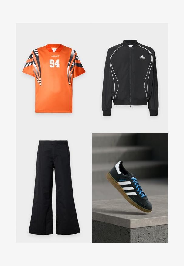 Μαύρο φούτερ Adidas με φερμουάρ, λευκές καμπυλωτές ρίγες, ριμπ στο κολάρο και τις μανσέτες, και λογότυπο Adidas στο αριστερό στήθος.; Πορτοκαλί αθλητική φανέλα με κοντά μανίκια σε μαύρο και λευκό σχέδιο. Φέρει το λευκό «94» τυπωμένο στο μπροστινό μέρος και το λογότυπο της Adidas στο στήθος.; Μαύρο παντελόνι σε φαρδύ στιλ από λείο ύφασμα, με πτυχές μπροστά και ζώνη. Καθαρός σχεδιασμός χωρίς ορατά μοτίβα ή λεπτομέρειες.; Μαύρο αθλητικό παπούτσι Adidas με λευκές ρίγες, μπλε κορδόνια και καουτσούκ σόλα να αιωρείται πάνω από γκρίζο τσιμεντένιο σκαλοπάτι σε απαλό φως.