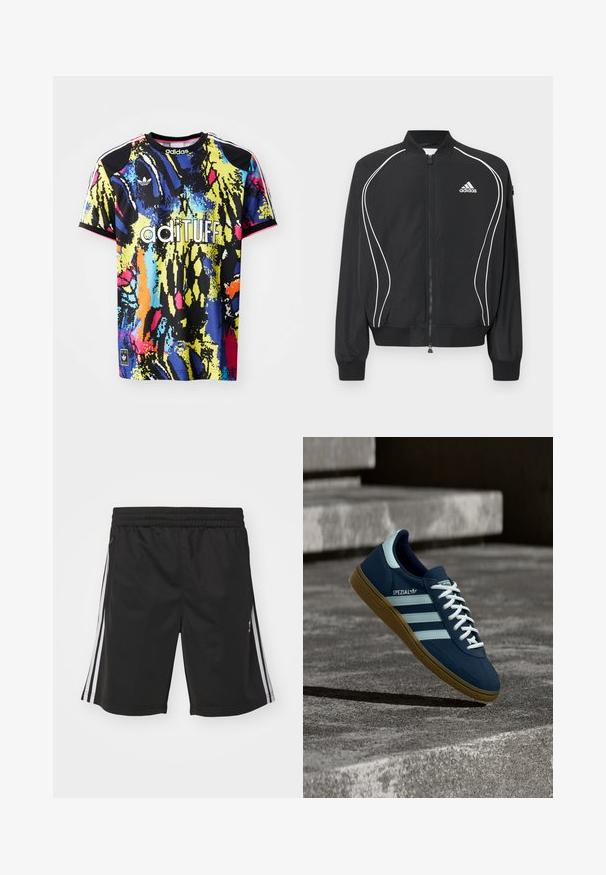 Must Adidas zip-up jakk valge kõverate triipudega, soonikkoes krae ja varrukasuu ning Adidas logo vasakul rinnal.; Värviline adidas sporditop, millel on elav abstraktne muster, lühikesed varrukad, ümmargune kaelus ja ees "adituff" logo.; Mustad mustad lühikesed püksid elastse vöökohaga, millel on valged külje triibud ja sile riide tekstuur. Ilma lisakaunistusteta.; Sinine Adidas Spezial tennisk, valgete triipude ja paeltega, kummist tallaga, hõljub kareda betoonpinna ja sammude kohal taustal.