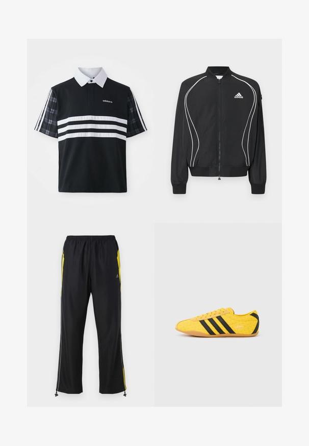 Čierna Adidas bunda na zips s bielym zakriveným lemovaním, rebrovaným golierom a manžetami a logom Adidas na ľavej strane hrudníka.; Čierna polo košeľa s bielymi prúžkami a logom; má krátke kárované rukávy a biely golier s gombíkovou légou.; Čierne športové nohavice s žltými bočnými akcentmi, elastickým pásom a zipsovými bočnými vreckami. Vyrobené z ľahkej, hladkej tkaniny.; Žltá športová obuv s textúrovaným zvrškom, s čiernymi pruhmi a logom. Zaoblená špička, mäkká podrážka a vzor v tvare cik-cak na materiáli.