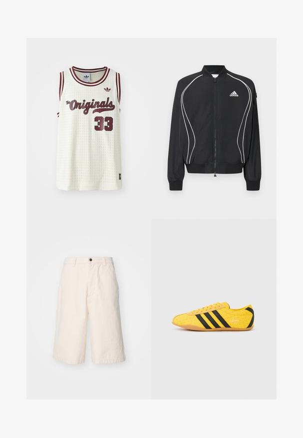 Must Adidas zip-up jakk valge kõverate triipudega, soonikkoes krae ja varrukasuu ning Adidas logo vasakul rinnal.; Valge võrkkangas sansleeve jersey maroon aktsentidega, tekstiga "The Originals", number 33 ja väike logo vasakul rinnal.; Heledad beežid puuvillased lühikesed püksid sirge lõikega, millel on nööbiga sulgemine, küljetaskud ja hem, mis ulatub veidi üle põlve.; Kollane sportlik jalanõu tekstuurse pealiskihiga, millel on mustad triibud ja logo. Ümar nina, pehme tallaosa ning materjalil siksakmuster.