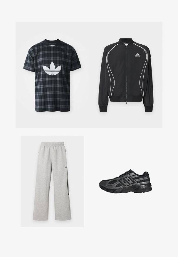 Schwarze Adidas Jacke mit Reißverschluss, weißer geschwungener Paspelierung, geripptem Kragen und Bündchen sowie Adidas-Logo auf der linken Brust.; Schwarz-weiß kariertes T-Shirt in grau mit geripptem Rundhalsausschnitt; hat ein großes weißes Adidas-Logo auf der Vorderseite; kurze Ärmel, normale Passform.; Hellgraue weite Sweatpants mit elastischem Bund und schwarzem Adidas Trefoil-Logo am rechten Oberschenkel.; Schwarze Sportschuhe aus Netz- und synthetischem Material, mit einer strukturierten Oberfläche, mehreren grauen Streifen und einem gepolsterten Schaft.