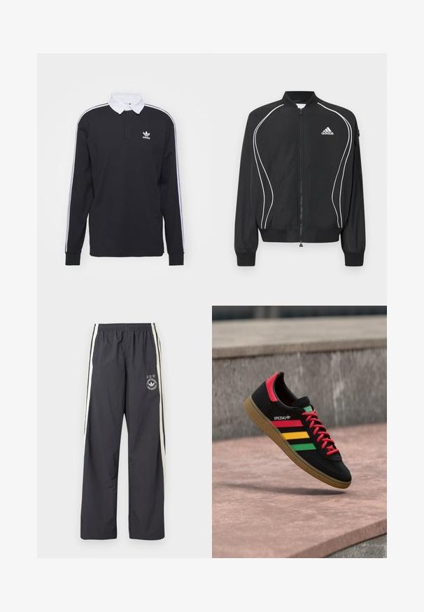 Chaqueta negra con cremallera de Adidas, con ribetes curvos blancos, cuello y puños acanalados, y logo de Adidas en el pecho izquierdo.; Camisa de polo negra de manga larga con cuello blanco y tres rayas blancas a lo largo de las mangas; presenta un logo de Adidas bordado en el pecho.; Pantalones de chándal gris oscuro con rayas blancas laterales, cintura elástica y un logo circular con tres estrellas en el muslo izquierdo. Tela ligera.; Zapatilla Adidas Spezial negra con rayas rojas, amarillas y verdes, cordones rojos, suela de goma y detalle rojo en el talón, mostrada flotando sobre el pavimento.