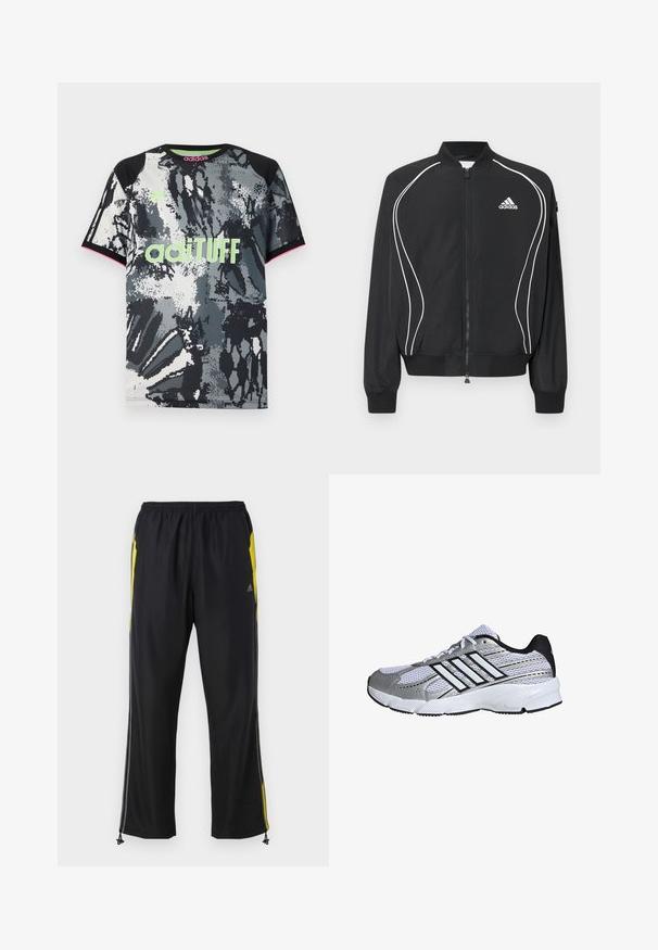 Chaqueta negra con cremallera de Adidas, con ribetes curvos blancos, cuello y puños acanalados, y logo de Adidas en el pecho izquierdo.; Camiseta deportiva de manga corta y cuello redondo con un estampado abstracto en negro, blanco y gris; presenta un logo "adiTUFF" en verde neón y acentos en rosa.; Pantalones deportivos negros con acentos laterales amarillos, cintura elástica y bolsillos laterales con cremallera. Hechos de una tela ligera y suave.; Zapatilla deportiva de malla en blanco y plata, con acentos en negro, logo de tres franjas blancas, cuello acolchado y suela de goma texturizada.