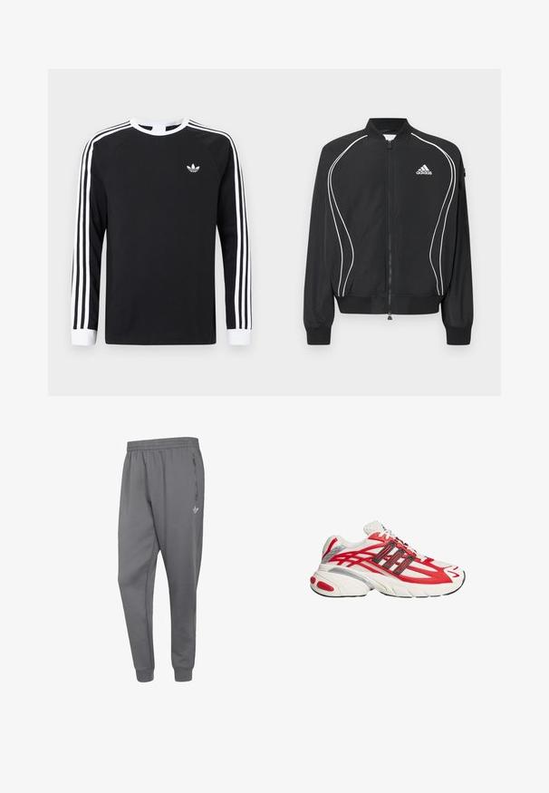 Black Adidas zip-up jacket with white curved piping, ribbed collar and cuffs, and Adidas logo on the left chest.; Black long-sleeve T-shirt with white three-stripe design on sleeves. Features a crew neckline and a small white logo on the chest.; Gray Adidas track pants with elastic waistband, zippered side pocket, and cuffed ankles, featuring small Adidas logo on thigh.; White and red athletic shoe with black and red striped details, thick sole, and white laces, shown from the side on a white background.