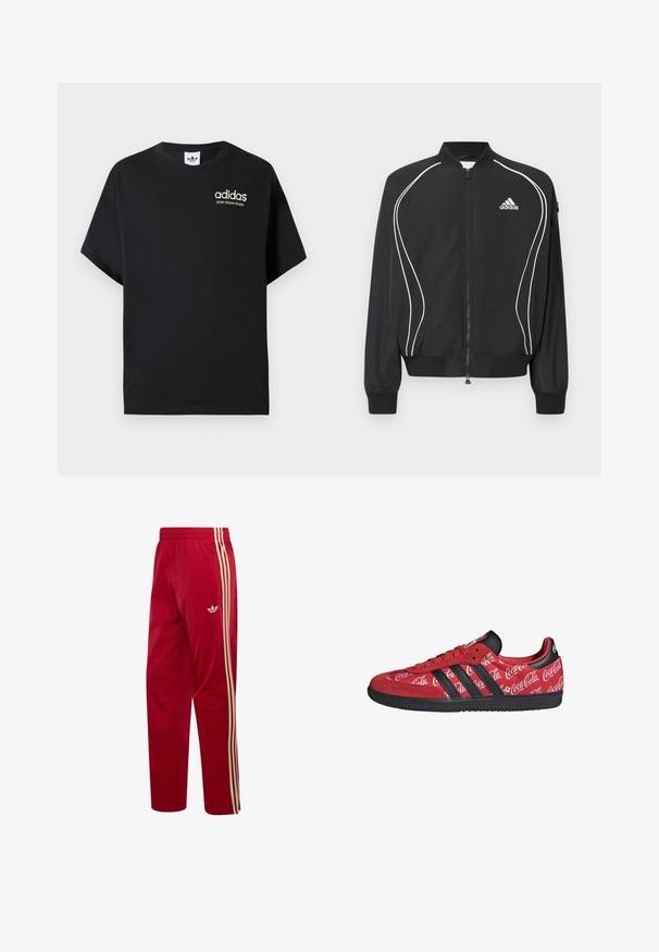 Schwarze Adidas Jacke mit Reißverschluss, weißer geschwungener Paspelierung, geripptem Kragen und Bündchen sowie Adidas-Logo auf der linken Brust.; Schwarzes Baumwoll-T-Shirt mit kurzen Ärmeln, ausgestattet mit einem Rundhalsausschnitt und einem weißen Adidas-Logo mit "SPORT DESIGN STUDIO" in Gold. Glatte Textur.; Rote Adidas Trainingshose mit beigen dreifachen Streifen an den Seiten und einer Reißverschlusstasche an der rechten Hüfte.; Roter Adidas Sneaker mit schwarzen Streifen und Sohle, mit weißen Coca-Cola-Logos auf dem gesamten Stoffoberteil.