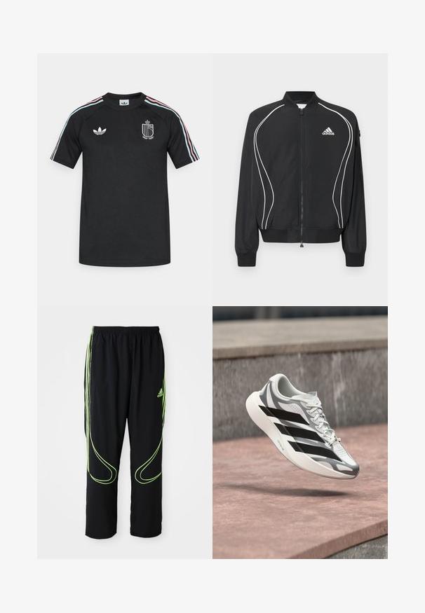 Μαύρο φούτερ Adidas με φερμουάρ, λευκές καμπυλωτές ρίγες, ριμπ στο κολάρο και τις μανσέτες, και λογότυπο Adidas στο αριστερό στήθος.; Μαύρο μπλουζάκι από ελαφρύ ύφασμα με κοντά μανίκια, διακοσμημένο με μπλε και ροζ ρίγες στα πλάγια και κεντημένο λογότυπο.; Μαύρα αθλητικά παντελόνια Adidas με νεον πράσινες καμπύλες γραμμές και τρεις ρίγες στα πλάγια, ελαστική μέση και λογότυπο Adidas στο μπροστινό μπούστο.; Λευκό και γκρι παπούτσι τρεξίματος με μαύρες ρίγες, αιωρείται πάνω από μια ροζ-γκρι επιφάνεια από σκυρόδεμα κοντά σε ένα γκρι πέτρινο τοίχο.