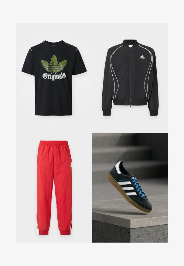 Sort Adidas lynlåsjakke med hvide buede striber, ribbet krave og manchetter samt Adidas-logo på venstre bryst.; Sort bomulds T-shirt med et slidt grønt grafik med tre striber og ordet "Originals" nedenfor i hvidt, rund halsudskæring, korte ærmer.; Røde atletikbukser af letvægtsmateriale med elastisk taljebånd, hvide sideliver og et lille logo på det øverste ben.; Sort Adidas sneaker med hvide striber, blå snørebånd og gummisål, der svæver over gråt betontrin i blødt lys.