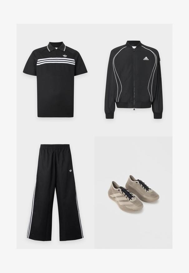 Μαύρο φούτερ Adidas με φερμουάρ, λευκές καμπυλωτές ρίγες, ριμπ στο κολάρο και τις μανσέτες, και λογότυπο Adidas στο αριστερό στήθος.; Μαύρο πόλο μπλουζάκι με φερμουάρ στο γιακά, που διαθέτει τρεις λευκές οριζόντιες ρίγες στο στήθος και ένα μικρό λογότυπο στο πάνω αριστερό μέρος.; Μαύρο παντελόνι αθλητικό με φαρδιά παντελόνα, ελαστική μέση, λευκές πλαϊνές ρίγες και μικρό λογότυπο Adidas trefoil στο δεξί ισχίο.; Ζευγάρι μπεζ αθλητικά παπούτσια με μαύρα κορδόνια, διαθέτοντας υφή με ριγέ μοτίβο και τρεις πλαϊνές γραμμές σε απλό φόντο.